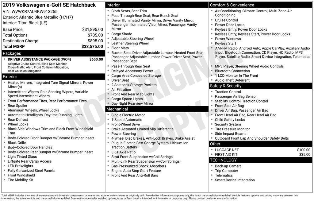 2019 VOLKSWAGEN e-Golf