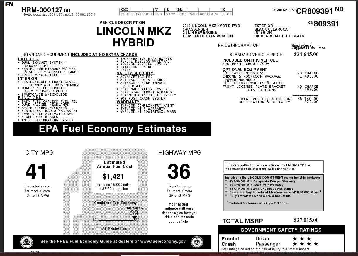 2012 LINCOLN MKZ