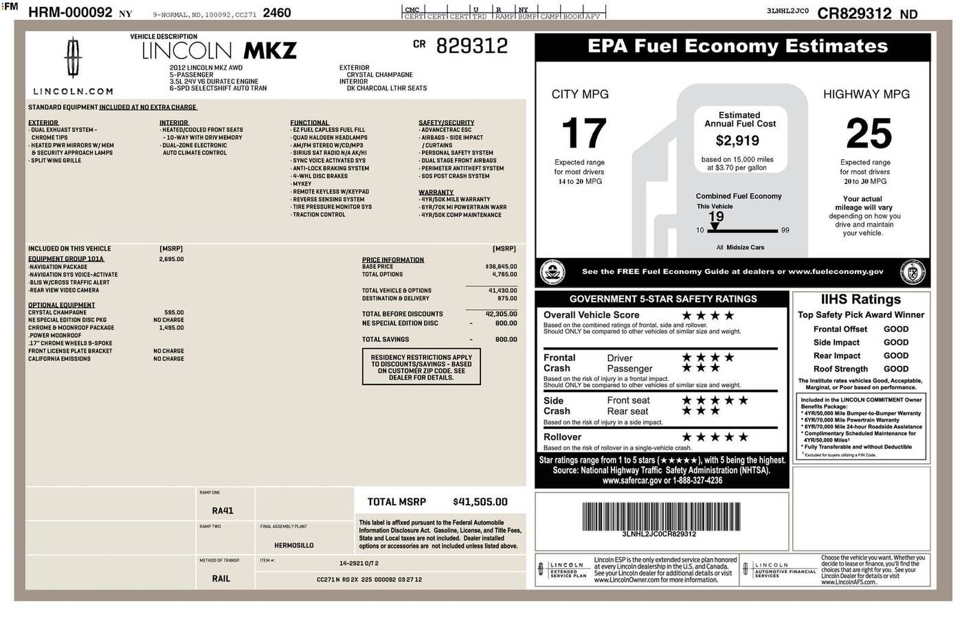 2012 LINCOLN MKZ